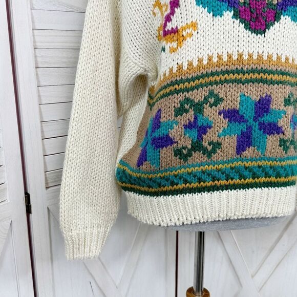Vintage Rafferty 80s 90s Floral Chunky Knit Sweater Ivory Large Crewneck - Picture 6 of 11